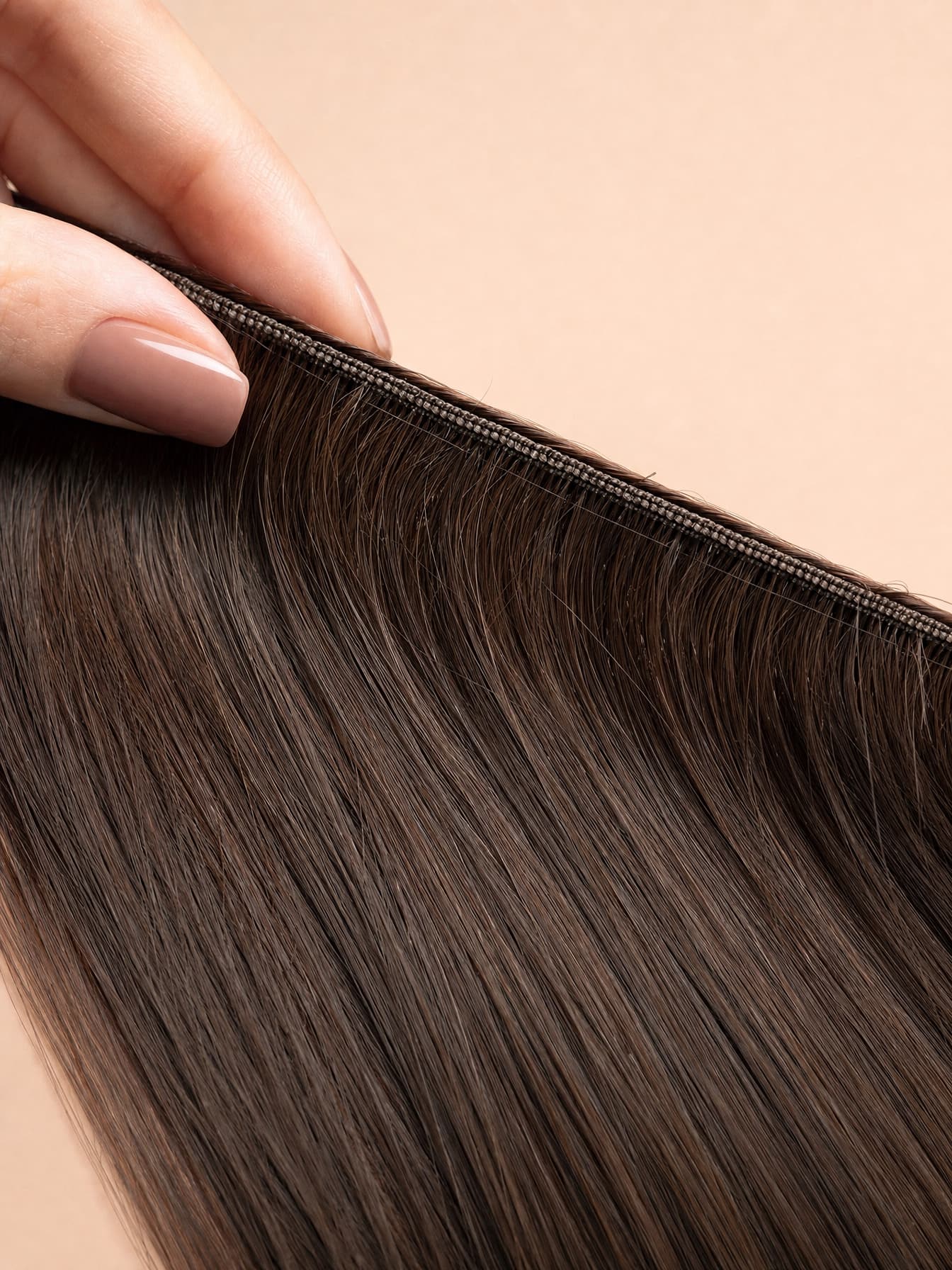 Hand-tied weft texture in close-up, soft strands over fingertips, nude studio