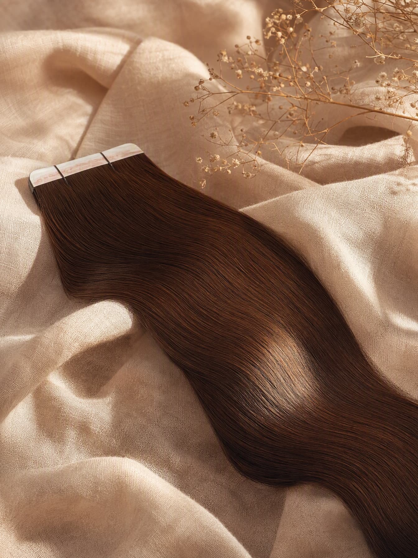 Soft tape weft laid on nude linen, editorial still life with bronze catchlights