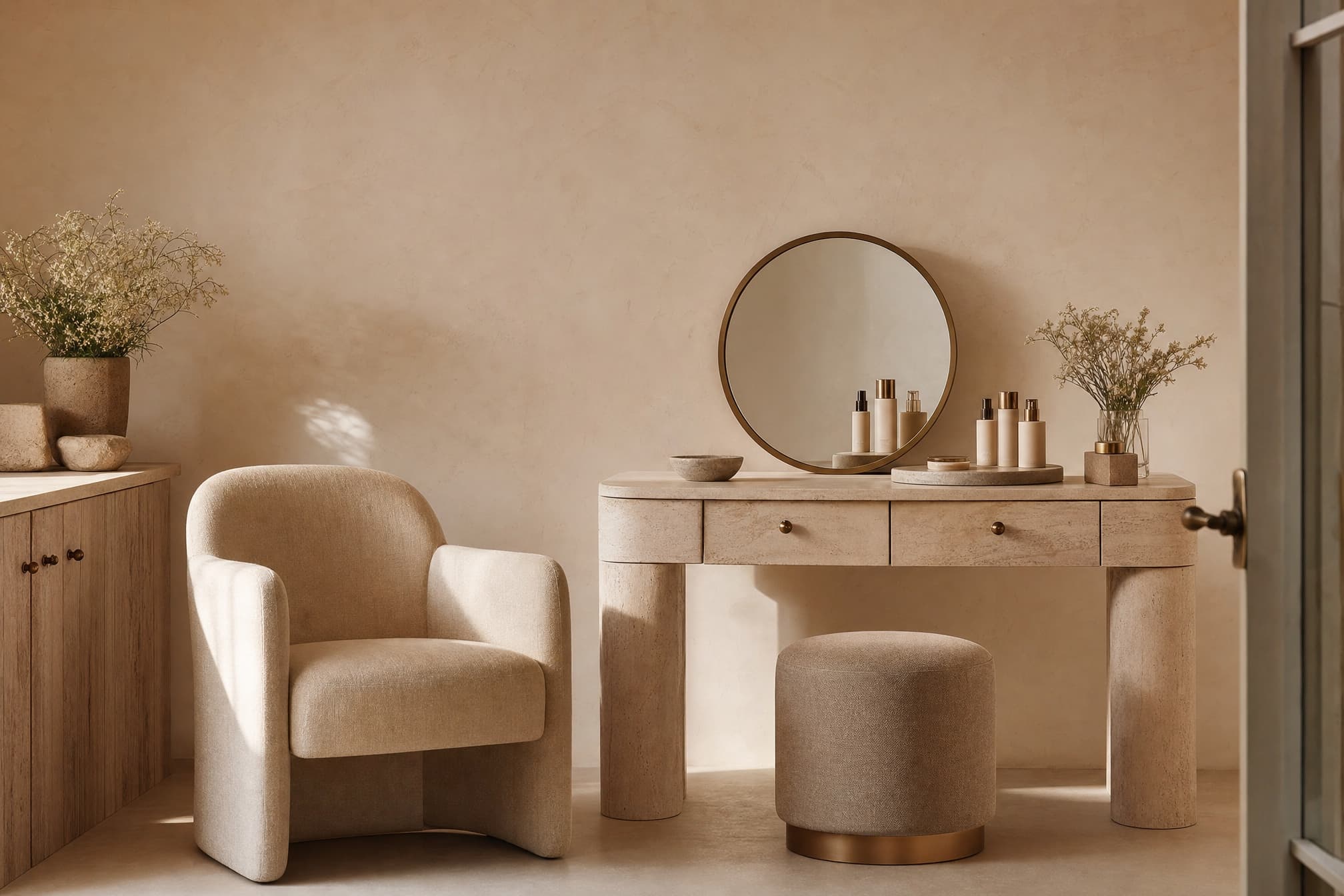 Empty consultation chair and vanity in a quiet nude studio